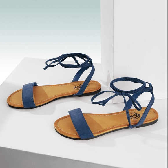 Shoes - Lace Up Ankle Strap Open Toe Flat Sandals Navy